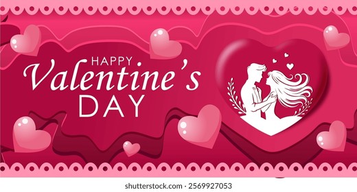 Horizontal banner with pink background, sparkling heart symbol with silhouette of romantic young couple. Happy Valentine's day template with hearts. Vector Illustration.