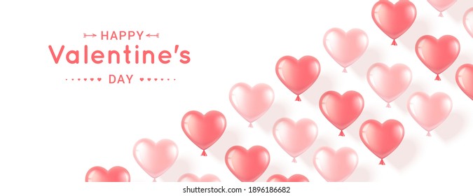 Horizontal banner with pink heart-shaped balloons on a white background. Romantic realistic illustration for Valentine's Day and International Women's Day. Vector.