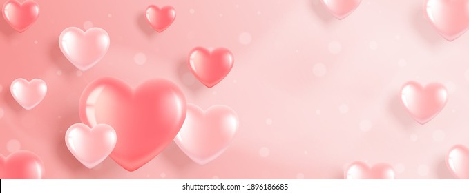 Horizontal banner with pink heart-shaped balloons on a pink background. Romantic illustration for Valentine's Day and International Women's Day. Vector.