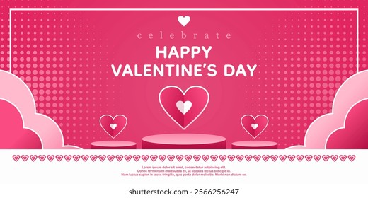 Horizontal banner with pink sky and clouds. Place for text. Happy Valentine's day sale header or voucher template with hearts. With cylinder pedestal or stand podium in hearth shape.