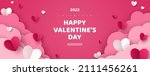 Horizontal banner with pink sky and paper cut clouds. Place for text. Happy Valentine