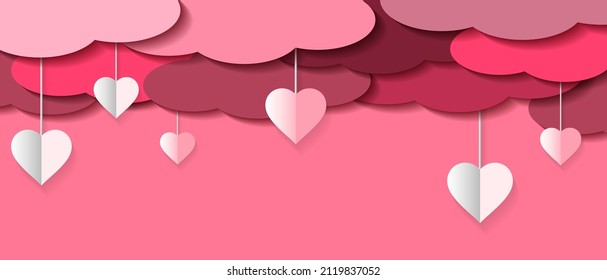 Horizontal banner with pink sky and paper cut clouds. Place for text. Rose cloudscape border frame pastel colors ,vector illustration