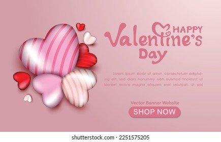 Horizontal banner with pink sky and paper cut clouds. Place for text. Happy Valentine's day sale header or voucher template with hearts. Rose cloud scape border frame pastel colors. 2023