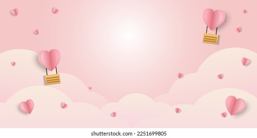 Horizontal banner with pink sky and paper cut clouds. Place for text. Happy Valentine's day sale header or voucher template with hearts paper. 