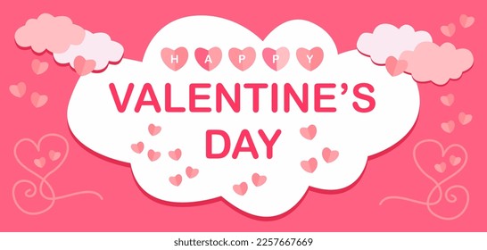 Horizontal banner with pink sky and paper cut clouds. Place for text. Happy Valentine's day header or voucher template with hearts.