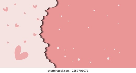 Horizontal banner with pink sky and paper cut clouds. Place for text. Happy Valentine's day sale header or voucher template with copy space for your text.
