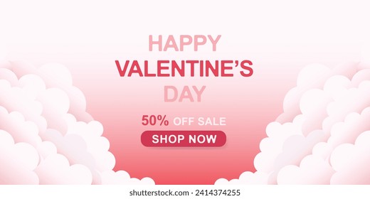 Horizontal banner with pink sky and paper cut out clouds. Space for text. Header template of 50% sale or voucher with hearts in honor of Valentine's Day. Pink cloudscape framed in pastel colors.