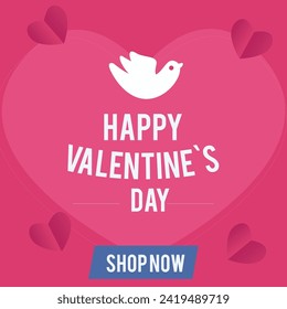 Horizontal banner with pink sky and paper cut clouds. Place for text. Happy Valentine's day sale header or voucher template with hearts. Rose cloudscape border frame pastel colors.