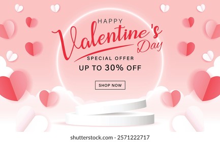 Horizontal banner with pink sky and paper cut clouds. Place for text. Happy Valentine's day sale header or voucher template with hearts. Rose cloudscape border frame pastel colors.