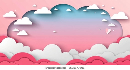 Horizontal banner with pink sky and paper cut clouds. Place for text. Happy Valentine's day sale header or voucher template with hearts. Vector illustration