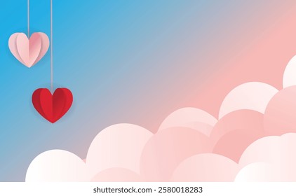 Horizontal banner with pink sky and paper cut clouds. Place for text. Happy Valentine's day sale header or voucher template with hearts.