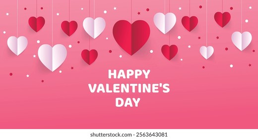 Horizontal banner with a pink sky and paper-cut clouds. A place for text. Happy Valentine's Day sale header or voucher template with hearts. Rose cloudscape border frame pastel colors.