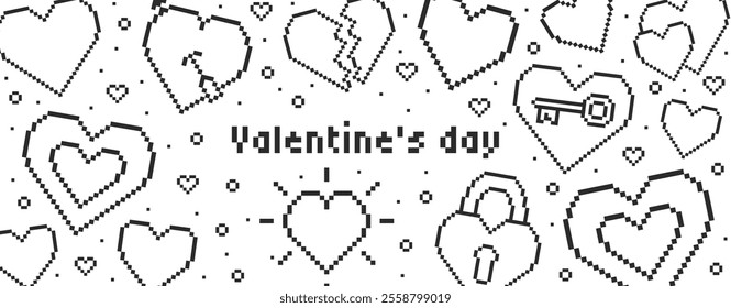 Horizontal banner with pixel black and white hearts on a white background. Vector illustration
