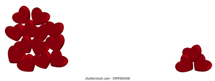 Banner horizontal con lugar para texto y corazones rojos 3d sobre fondo blanco. Trato de fondo vectorial para tarjetas de felicitación, invitaciones de boda, afiches web, volantes románticos.