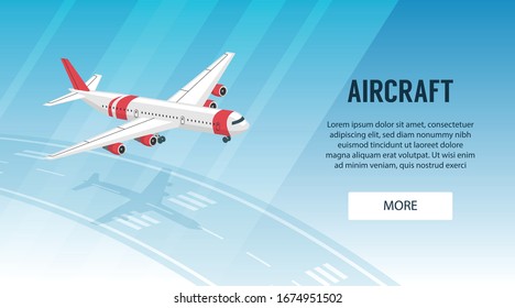 Horizontal banner with plane flying above airport takeoff runway 3d isometric vector illustration