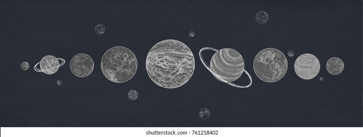 Banner horizontal con planetas de sistema solar dispuestos en fila contra fondo oscuro. Cuerpos celestes u objetos cósmicos en el espacio ultraterrestre. Ilustración vectorial retro en colores blanco y negro.