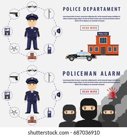 Horizontal banner with police objects and police man vector illustration of flat. Police department and criminals.

