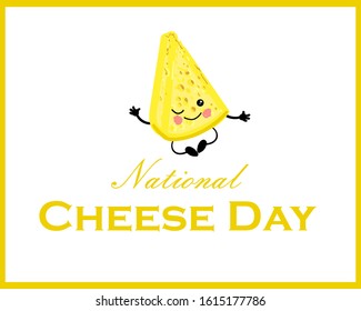 Horizontal banner. Postcard to the day of cheese. Cute cheesy character on a white background..
