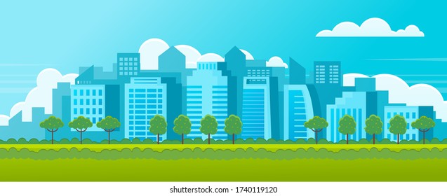 Horizontal banner or poster citylandscape with green park. Trees and bushes, green meadow. Urban architecture. city background. City view at office buildings, sky with clouds. Vector illustration