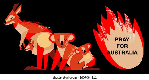 Horizontal banner "Pray for Australia”.  Fight together with natural disaster. Bright flame of Australia forest fire. Sad animals: koalas mom and baby, kangaroo with baby. Vector illustration