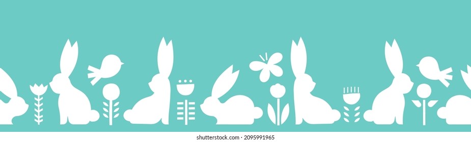 Horizontal banner with rabbits on a blue background. Cute silhouettes of baby bunnies in the cut-out style