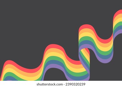 Horizontal banner with rainbow curved ribbon, dedicated to LGBT pride month or pride day on gray background. Optical 3D art