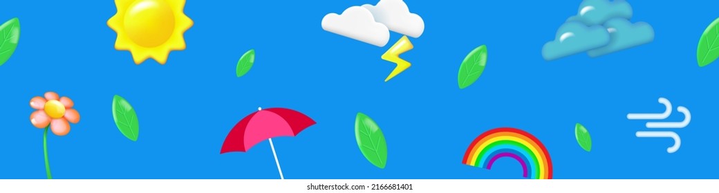 Horizontal banner with realistic 3d objects. Weather and nature icons