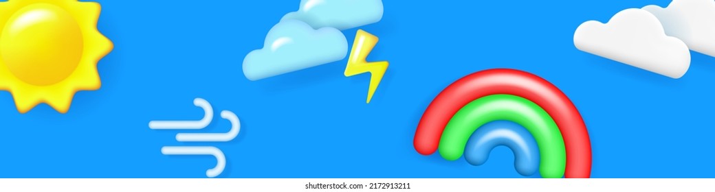 Horizontal banner with realistic 3d objects. Weather and nature icons