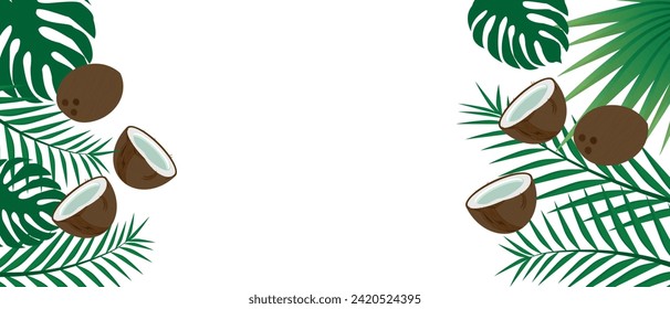 Horizontal banner with realistic coconut exotic fruits and palm eyelids and leaves on a white background. Frame for summer, holiday and tropical design, vector illustration.