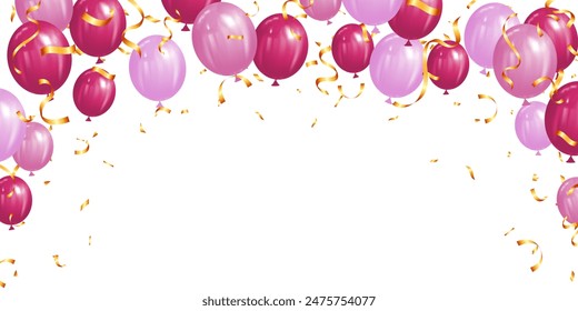 Horizontal banner with realistic pink balloon and gold confetti. Romantic background. congratulation surprise