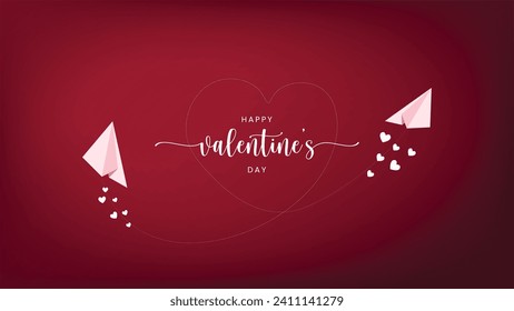 Banner horizontal con cielo rojo y nubes cortadas de papel. Feliz encabezado de venta del día de San Valentín o plantilla de cupón con corazones. ilustración vectorial.