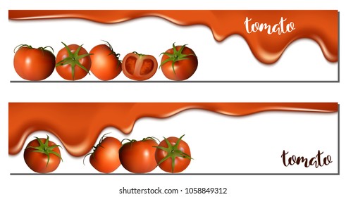 Horizontal banner with red tomatoes and lettering lettering. Vector.