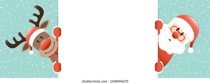 Horizontal Banner Reindeer And Santa Looking Outside Snow Turquoise