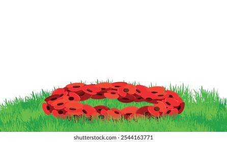 Anuncio Horizontal para el Día del Recuerdo, también conocido como Día de la Amapola. Corona de amapolas de papel se encuentra en la hierba verde. Símbolo tradicional del 11 de noviembre. Ilustración vectorial en estilo plano.