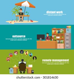 Horizontal Banner: Remote Operation, Remote Management And Outsource. Vector Illustration In A Flat Style.