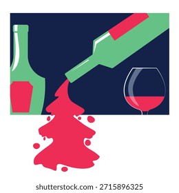 Un Anuncio Horizontal para un restaurante, un cartel de un bar, una ilustración plana de una botella de alcohol, un vaso y un árbol de Navidad. Concepto para celebrar el Año Nuevo y las Navidades alegres: vino, salpicaduras, bebidas, martinis