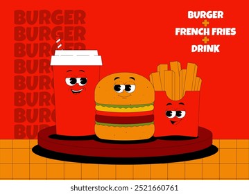 Horizontal banner with retro groovy characters. Combo burger, french fries and drink. Delivery, burger bar, cafe, street food restaurant. Vintage vector illustration