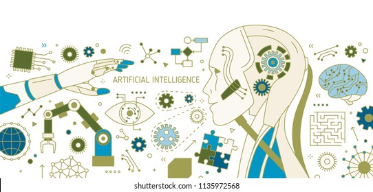 Horizontal banner with robot, robotic arm, automatic manipulator, innovative technological devices. Artificial intelligence and machine learning. Vector illustration in modern line art style