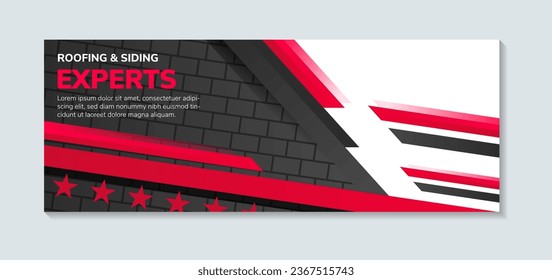 Horizontal Banner for roofing and siding experts for dream home, creative concept advertising, template for posting photos and text. white background. red and black element. brick arrangement pattern.