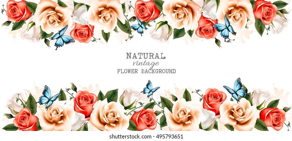 Horizontal banner with roses and butterflies. Vector.