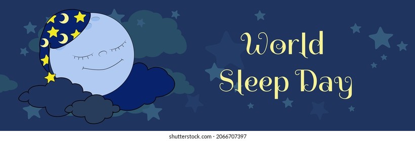 Horizontal banner a round  moon in a cap smiles and is at night in the clouds and among the stars. World sleep day and the concept of good sleep, fairy dreams, dreams and magic. 