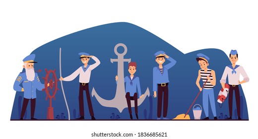 Horizontal banner with sailors and captain cartoon characters at backdrop of sea wave with ship anchor, flat vector illustration isolated on white background.