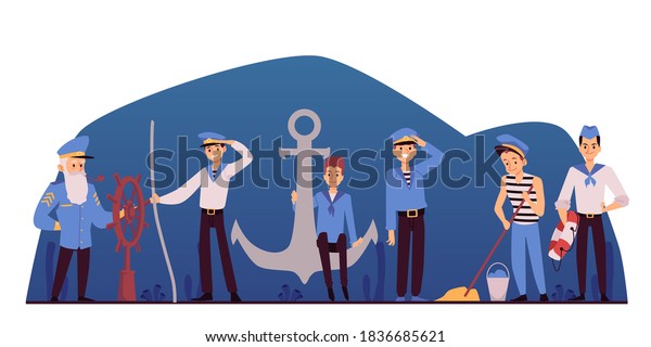 Horizontal banner with sailors and\
captain cartoon characters at backdrop of sea wave with ship\
anchor, flat vector illustration isolated on white\
background.