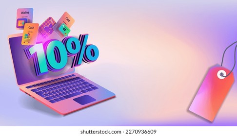 Horizontal banner for sale -10% discount on laptop screen. Vector banner