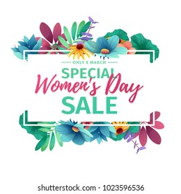 Horizontal banner for sale International  Happy Women's Day on flower background. Flyer for March 8 with the decor of floral. Invitations with  frame and flower for offer and discount. Vector.