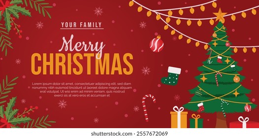 Horizontal banner saying "Merry Christmas, with Christmas tree decorations