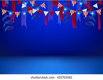 horizontal banner scene stage podium background template decorated american national flag stars stripes ribbon patriot 4th July USA independence day poster invitation flyer patriotic card party design