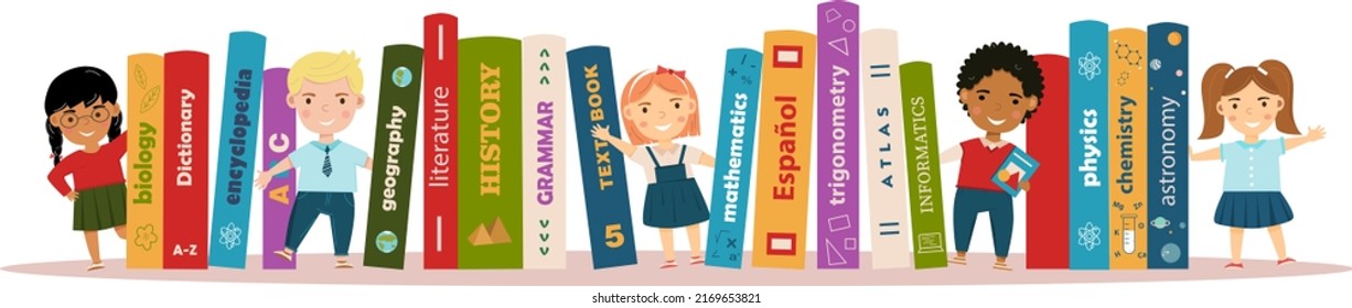 Horizontal banner with school children and text books. Boys and girls are standing near books. Study, education, back to school. Poster for store, shop, library, school library. 