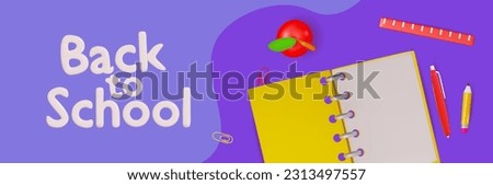 Horizontal banner to the school. Notebook, pen, apple. vector illustration in 3d style
