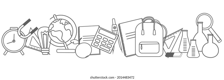 Horizontal banner of school supplies. Doodle objects calculator, globe, rulers, notebooks, textbooks, magnifying glass, test tubes, eraser, compasses. Panorama. Template for the cover. isolated.